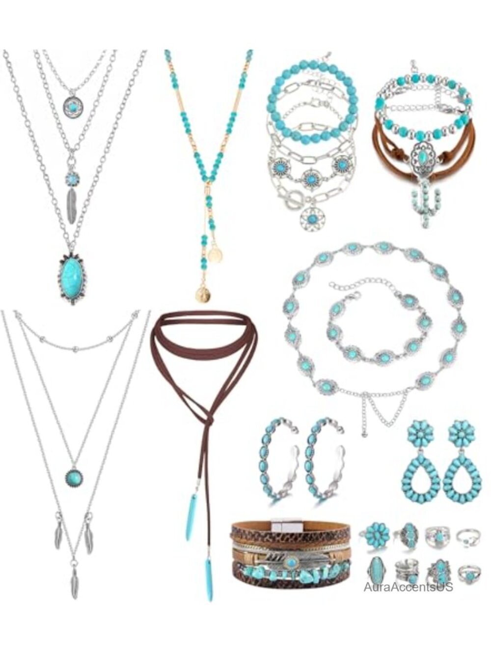 Turquoise Western Jewelry Set Layered Necklaces Bracelets Rings Earrings
